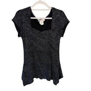 Tradition Black Metallic Swirl Short Sleeve Top Size 10 Vintage Y2K Dressy